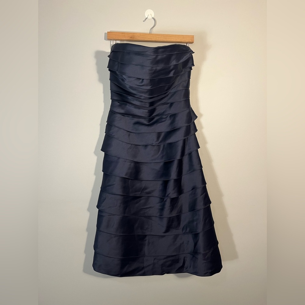 Mori Lee by Madeline Gardner Navy Layered Tiered Strapless Midi Dress Size 12